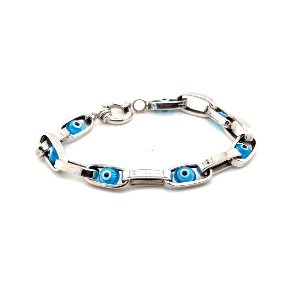 14k White Gold Evil Eye Link Bracelet 7 Inch 8.4g Blue Charms Protective Jewelry